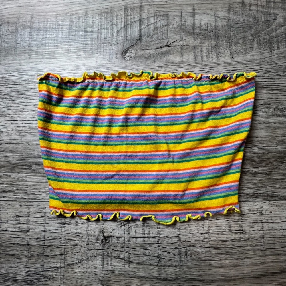 Windsor Tube Top Womens Small Yellow‎ Rainbow Striped Lettuce Edge Crop T2211
